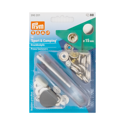 Prym Druckknöpfe "Sport & Camping", nähfrei,  Ø 15 mm silberfarbig und mit Werkzeug in der Blister Verpackung