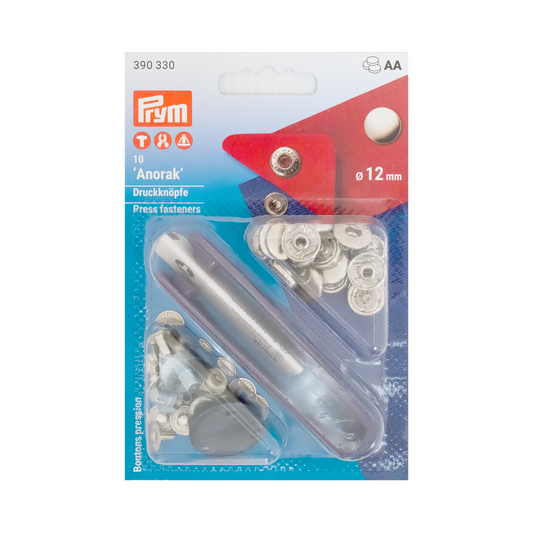 Prym Druckknöpfe "Anorak", nähfrei, Ø 12 mm  silberfarbig und mit Werkzeug in der Blister Verpackung