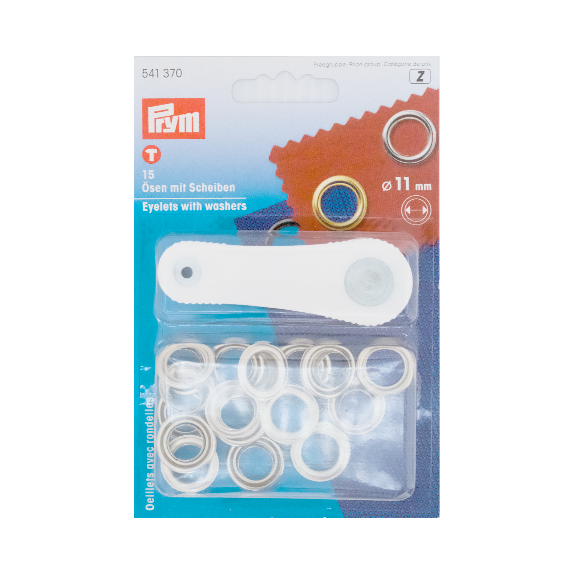 Prym Ösen mit Scheiben, Ø 11 mm  silberfarbig und mit Werkzeug in durchsichtiger Verpackung
