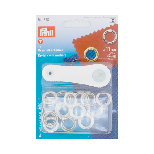 Prym Ösen mit Scheiben, Ø 11 mm  silberfarbig und mit Werkzeug in durchsichtiger Verpackung