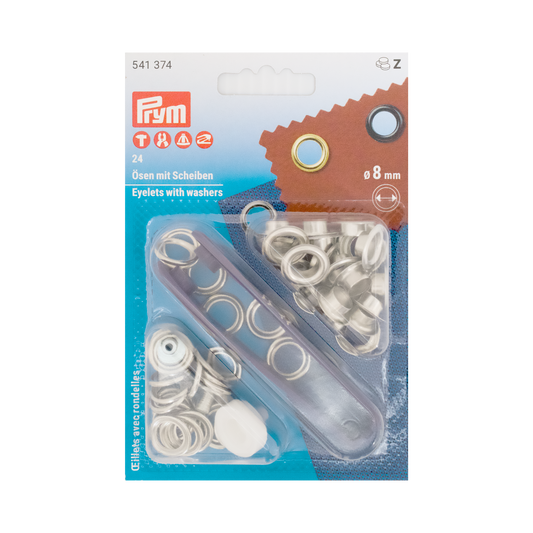 Prym Ösen mit Scheiben, Ø 8 mm  silberfarbig und mit Werkzeug in durchsichtiger Verpackung