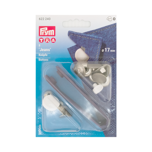 Prym Jeansknöpfe nähfrei, Ø 17 mm in silber und mit Werkzeug in der Blister Verpackung