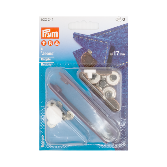 Prym Jeansknöpfe "Glatt", nähfrei, Ø 17 mm in silberfarbig und mit Werkzeug in der Blister Verpackung
