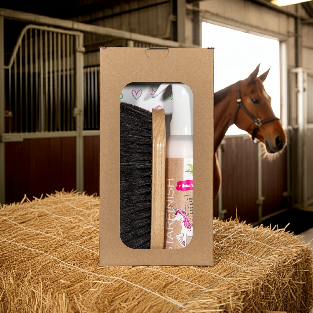  Das Bense & Eicke Geschenkset mit Rosshaar Bürste "GlanzElse" + Spray Starfinish 500 ml "Unicorn Edition" mit Stickerbogen für jede Gelegenheit in der Geschenkverpackung aus braunem Karton und Klarsichtfolie auf einem Stohballen, im Hintergrund ein Pferdestall mit braunem Pferd